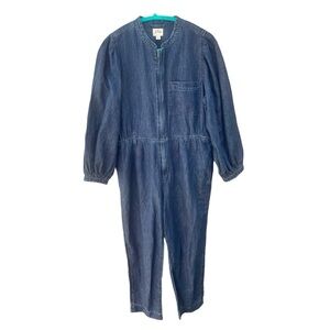 J Crew Puff Sleeve Denim Jumpsuit Size 10P Linen Petite Union Suit Dark Blue